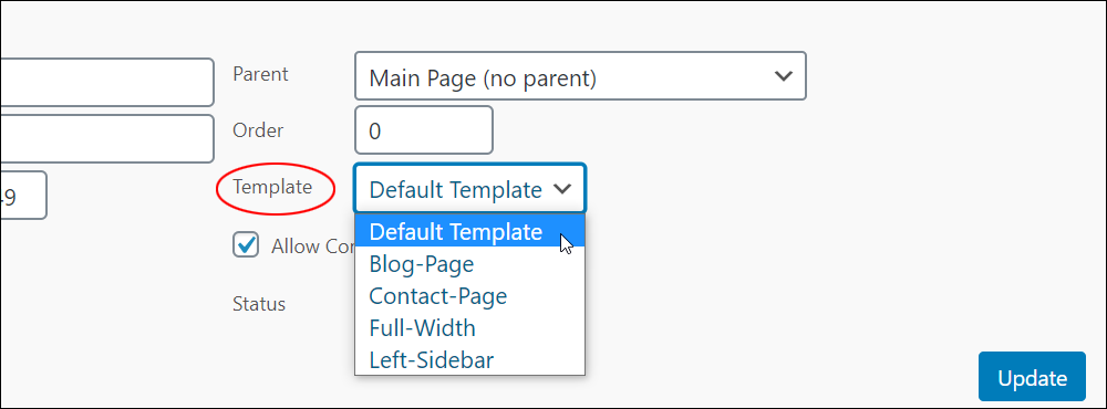 Quick Edit - Page template dropdown menu.