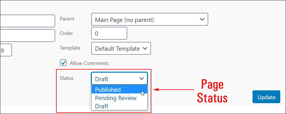 Page Status dropdown menu.