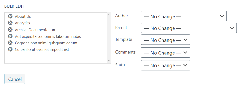 Bulk Edit - Page editing options screen.