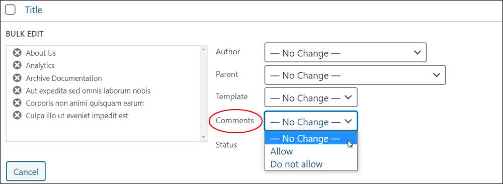 Bulk Edit - Comments dropdown menu.