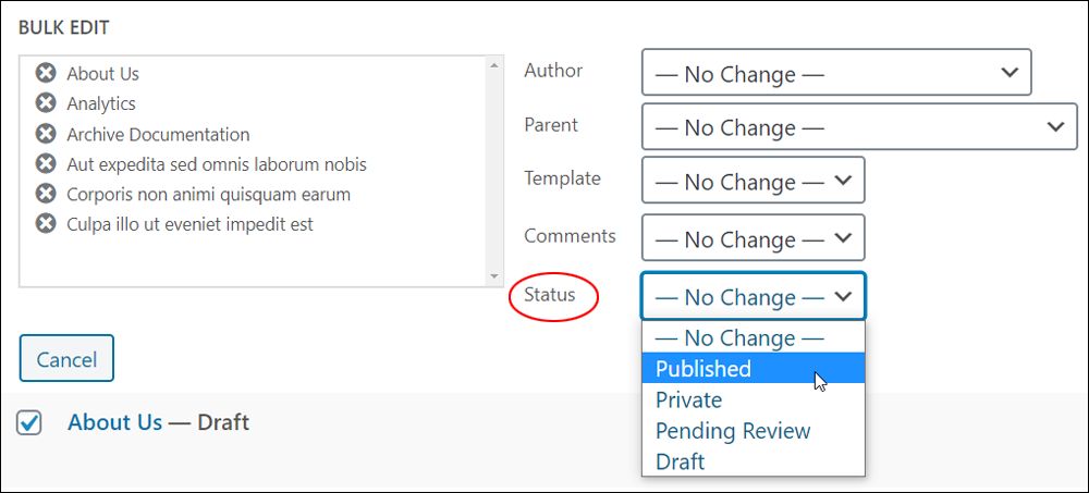 Bulk Edit options - Status dropdown menu.