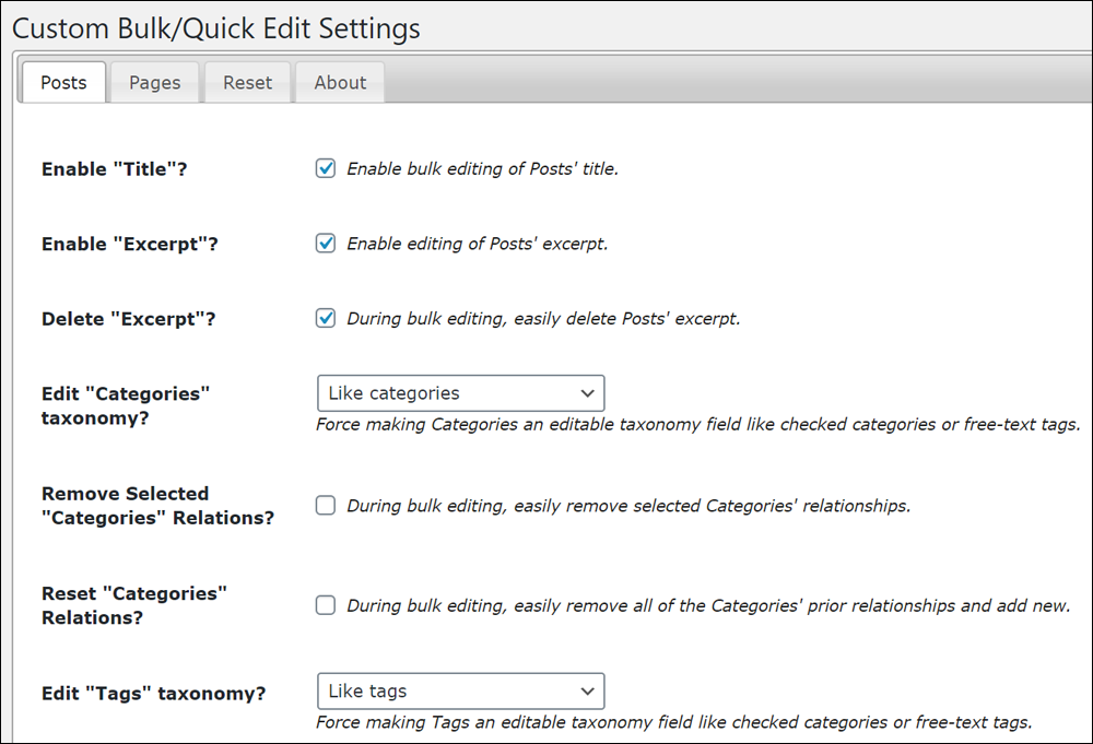 Custom Bulk/Quick Edit Settings screen.