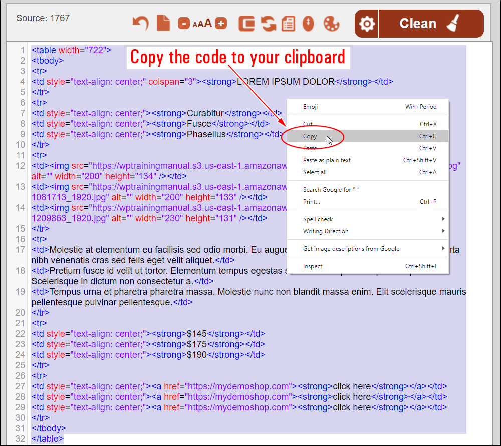 HTML code being copied to the clipboard.