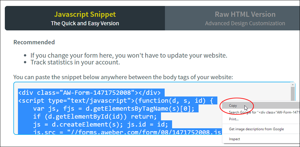 Code selected and copied to clipboard.