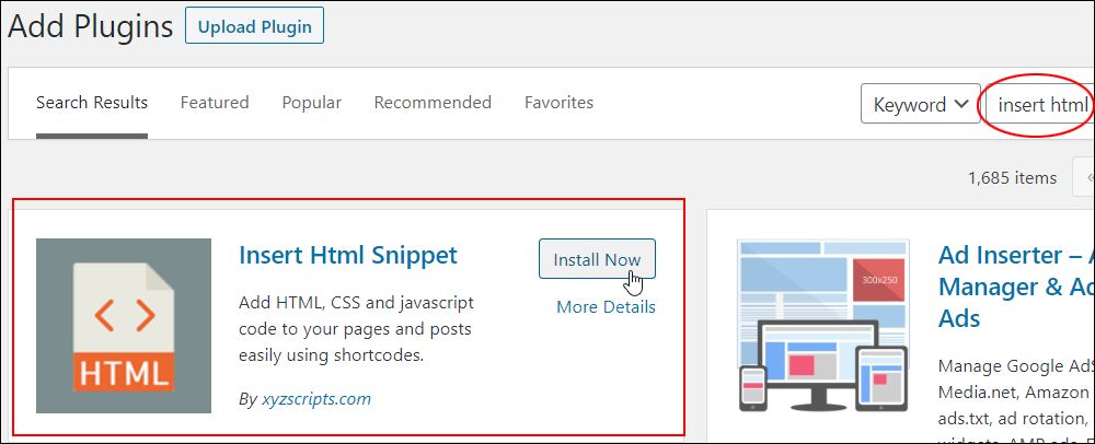 Add Plugins - Installing the Insert Html Snippet plugin