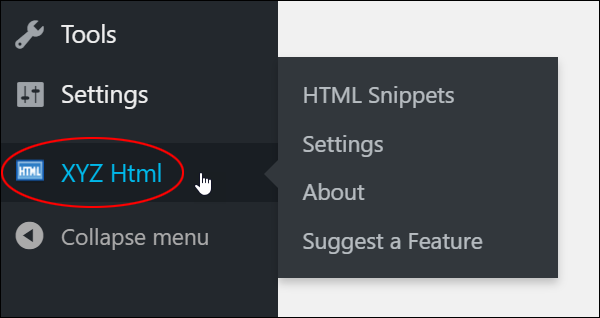 XYZ Html plugin menu.