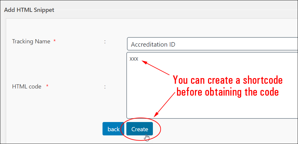 Creating a code snippet using temporary placeholder text instead of the script code.