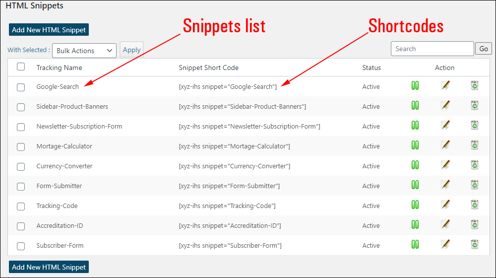 HTML Snippets screen - Snippets and shortcodes list.