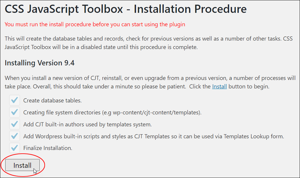 CSS JavaScript Toolbox installation procedure.