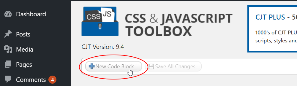 CSS & JavaScript Toolbox - New Code Block button