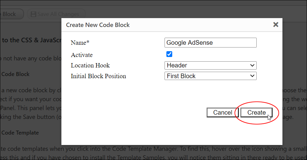 Create New Code Block