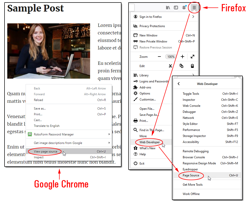 Composite image of view page source function in Google Chrome and Firefox browsers.