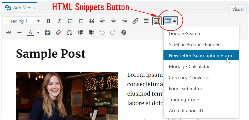 HTML Snippets menu toolbar button