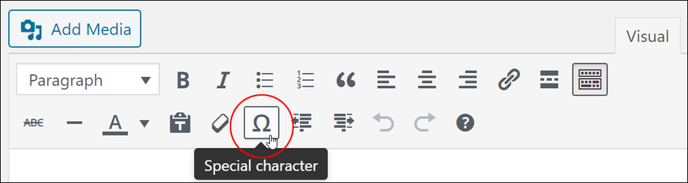 Special Character menu button - WordPress Content editor.