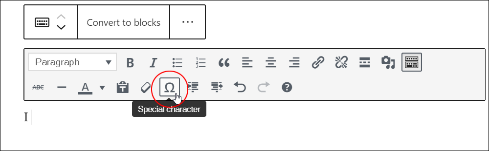 Special character menu button - WordPress Block editor: Classic block.