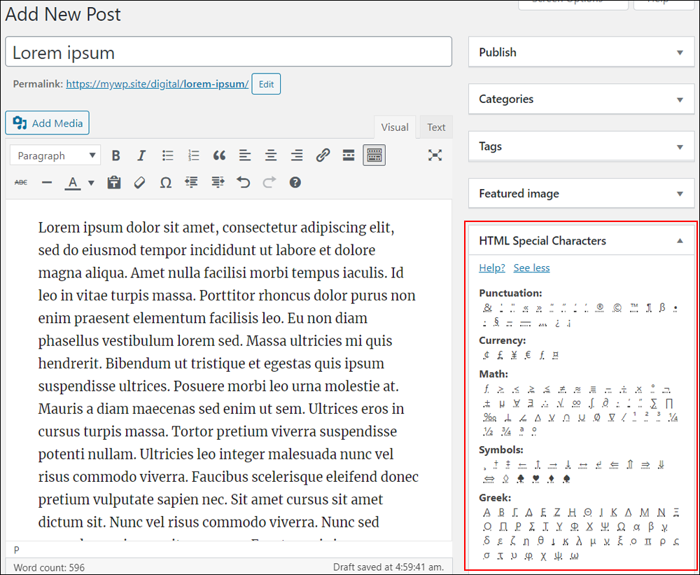 HTML Special Characters widget.