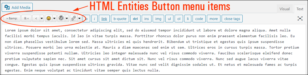 HTML Entities Button plugin - menu items.