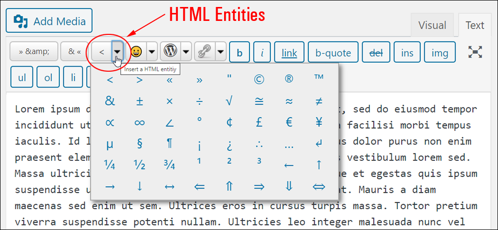 Add HTML entities button.