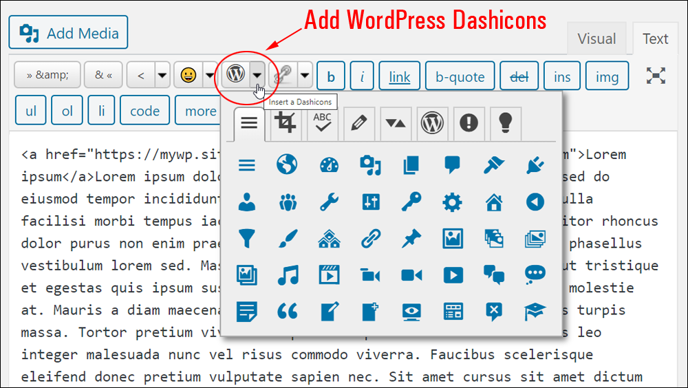 Insert WordPress dashicons.