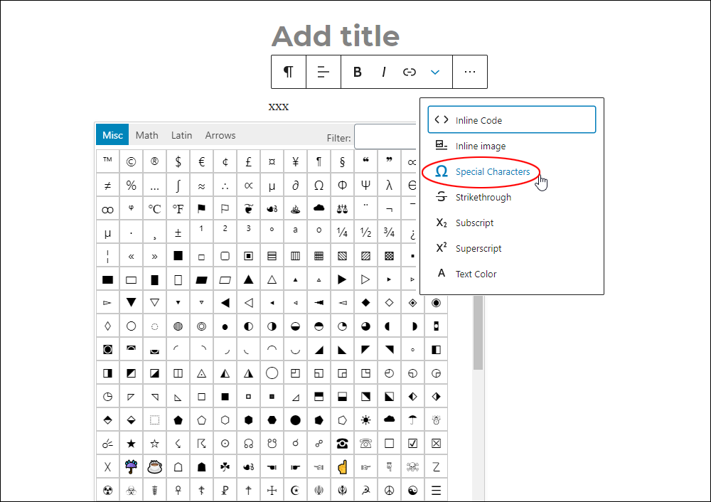 Special Characters table.