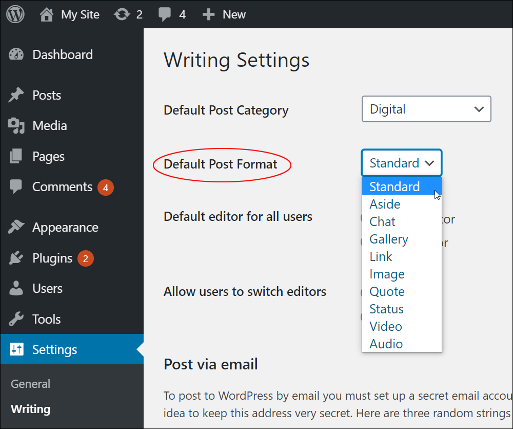 WordPress Writing Settings - Default Post Format