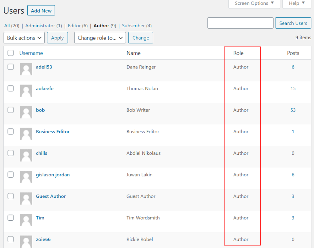 WordPress Users  screen - List of users assigned the role of Author