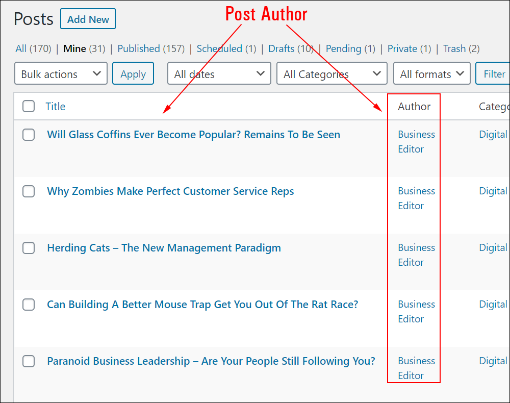 WordPress Table of Posts - Post Author column highlighted