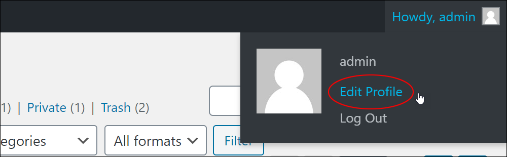 WordPress toolbar: Howdy, Your Site Name - Edit Profile