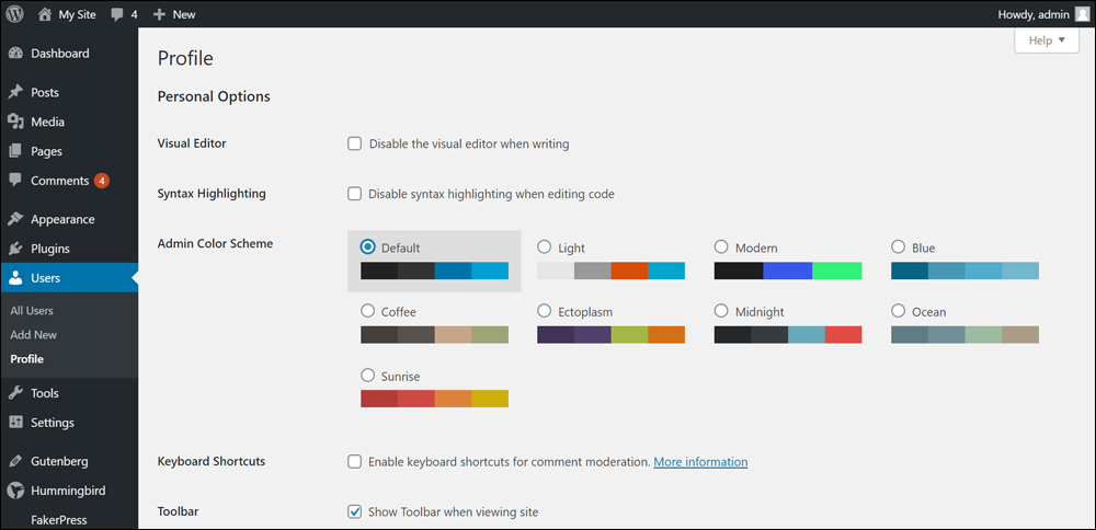 WordPress User Profile screen.