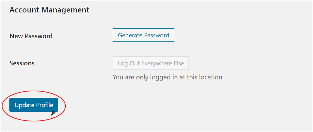 WordPress Profile screen - Update Profile button.