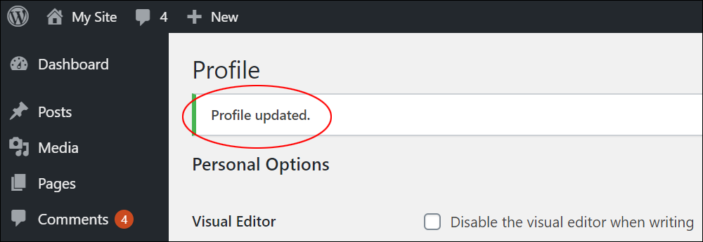 Profile updated confirmation message.