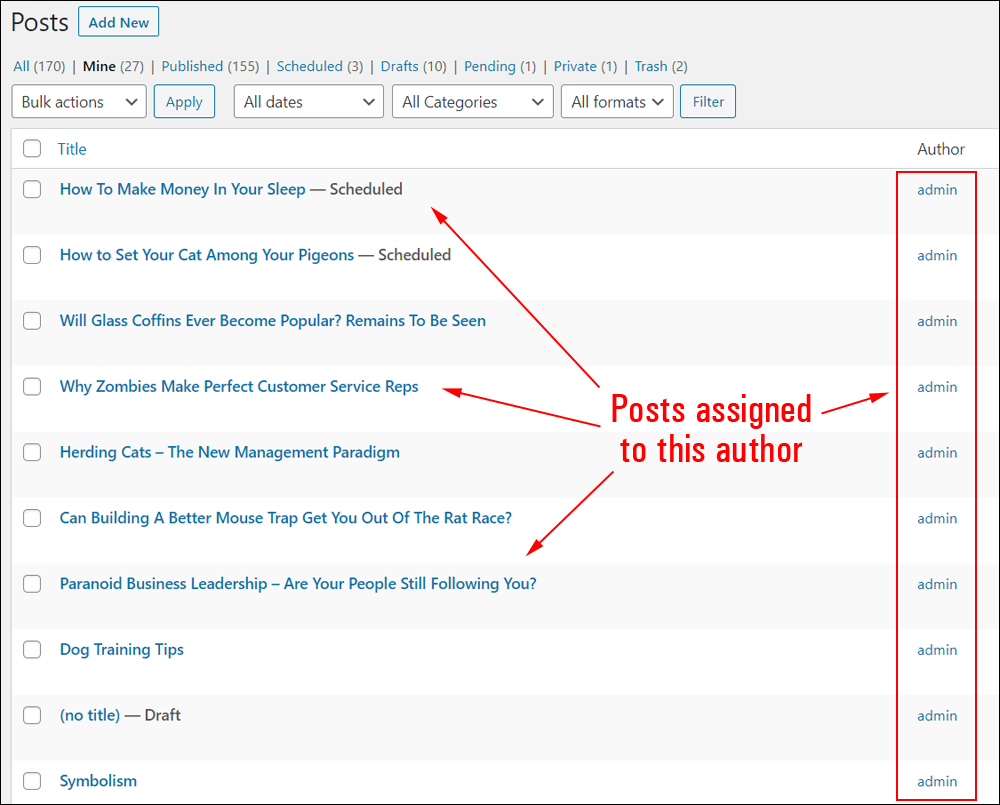 Table of Posts displaying list of posts filtered by Author.