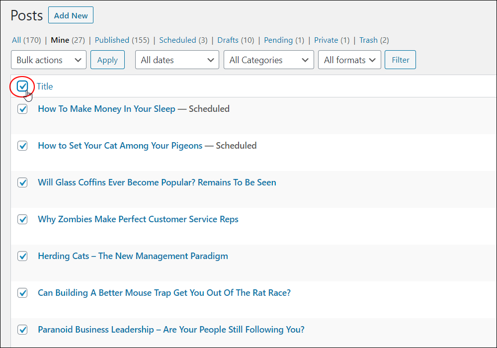 WordPress Table of Posts - Post selection check box