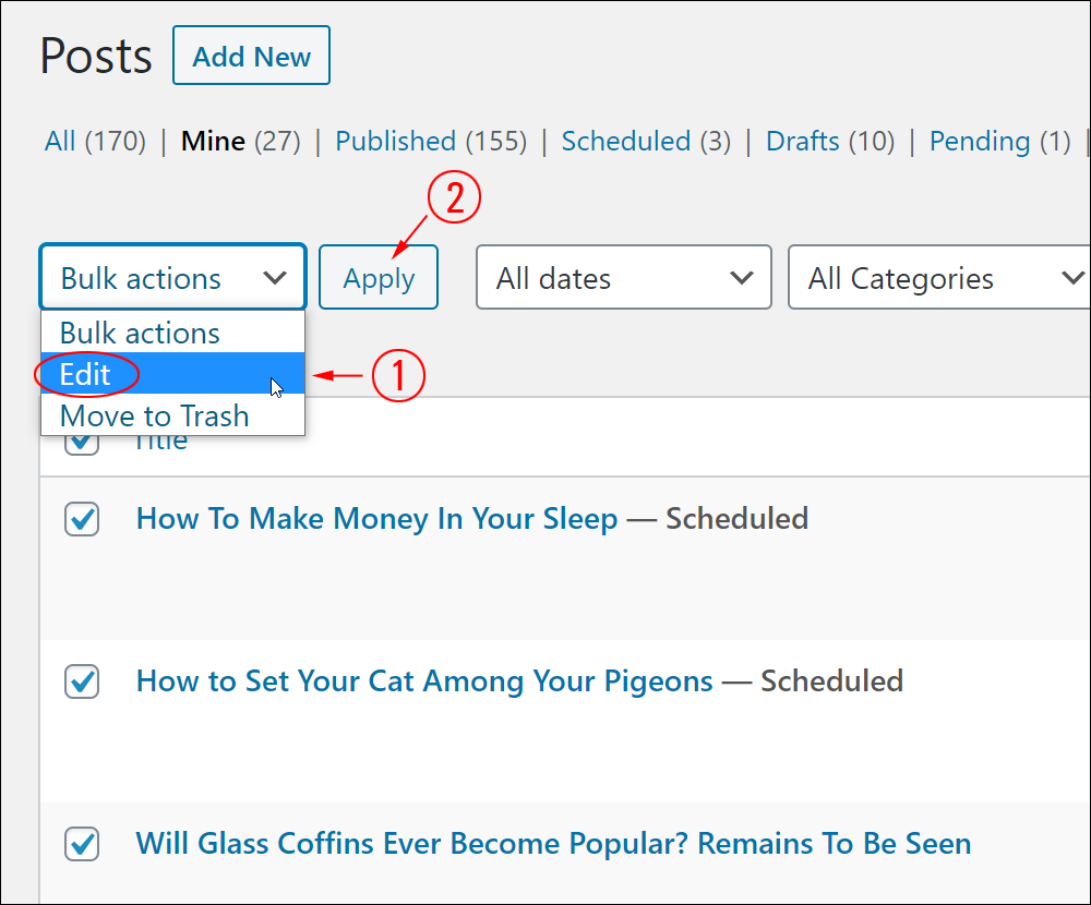 Table of Posts -  Bulk Actions menu