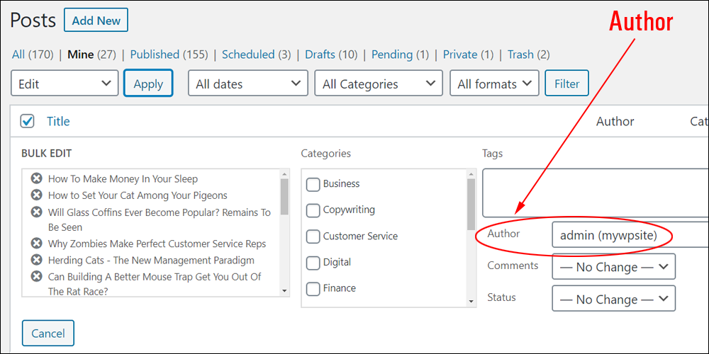 Table of Posts: Bulk Edit feature - Author settings