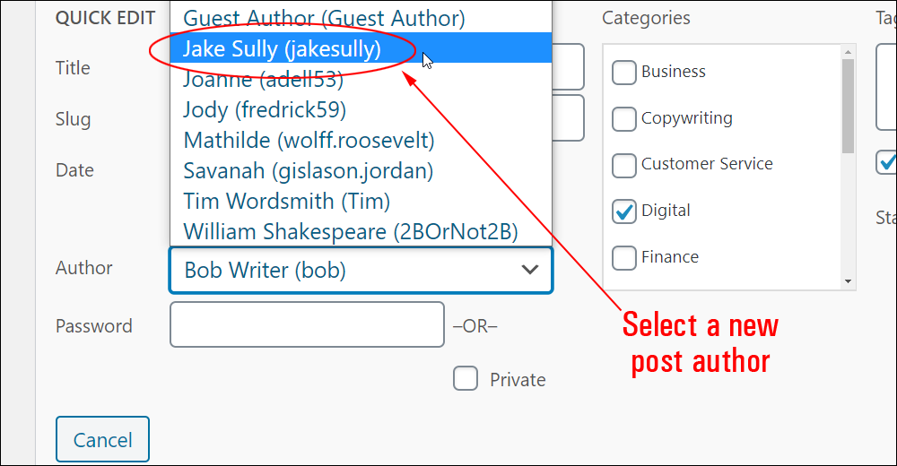 Quick Edit: Post editing options - Author dropdown menu.