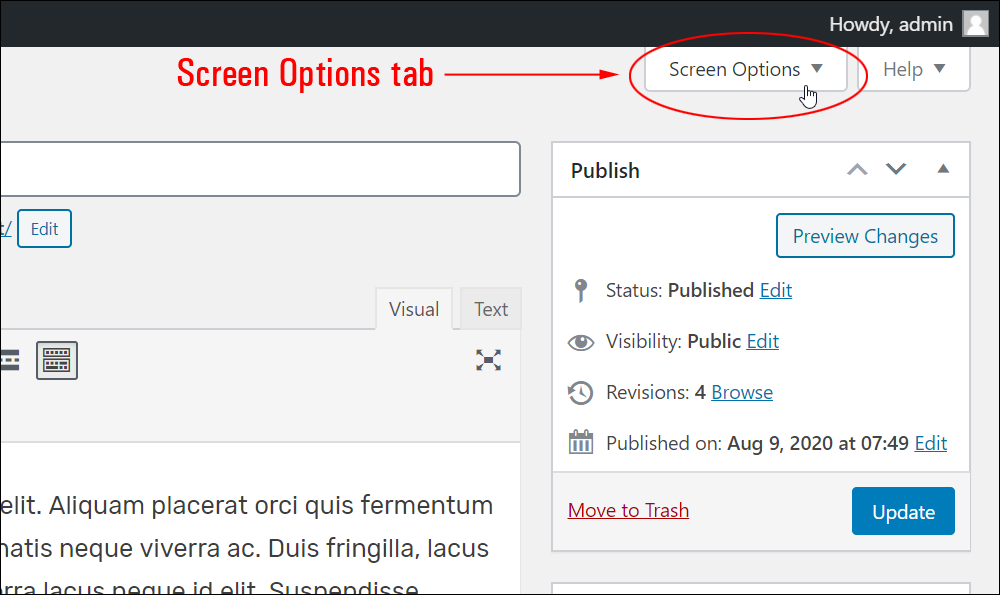 Screen Options tab