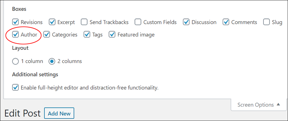 Screen Options tab: Boxes - Author box