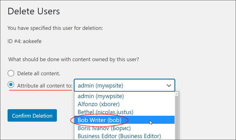 WordPress Users - Delete Users screen