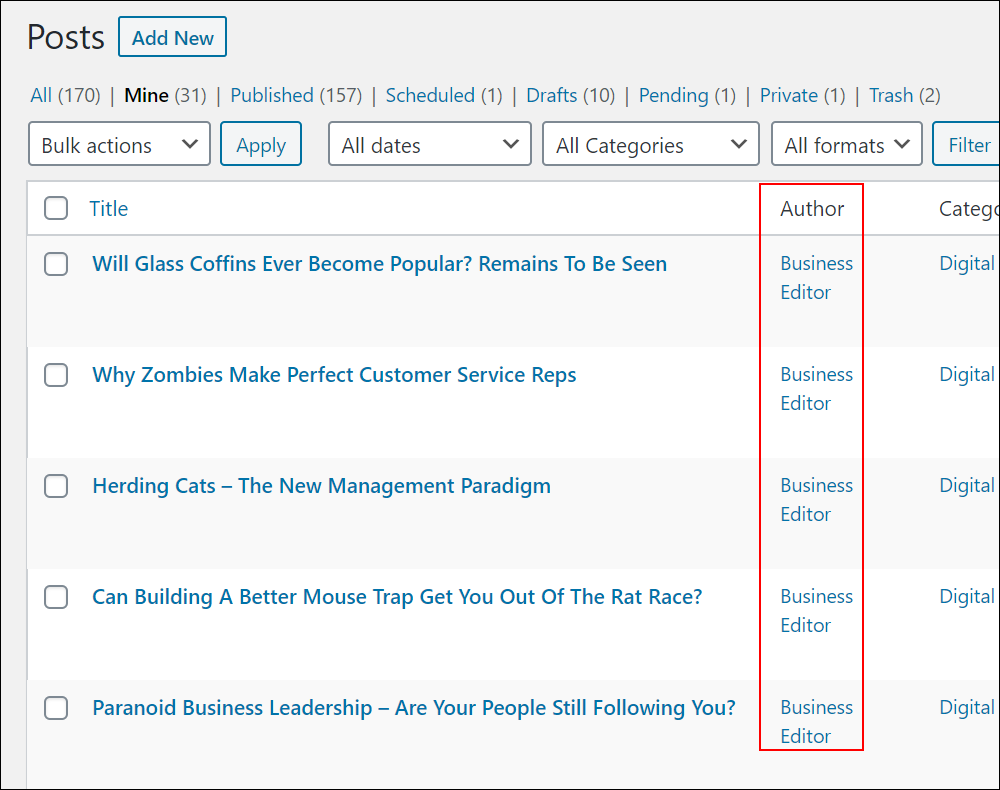 WordPress Table of Posts -Author column highlighted.