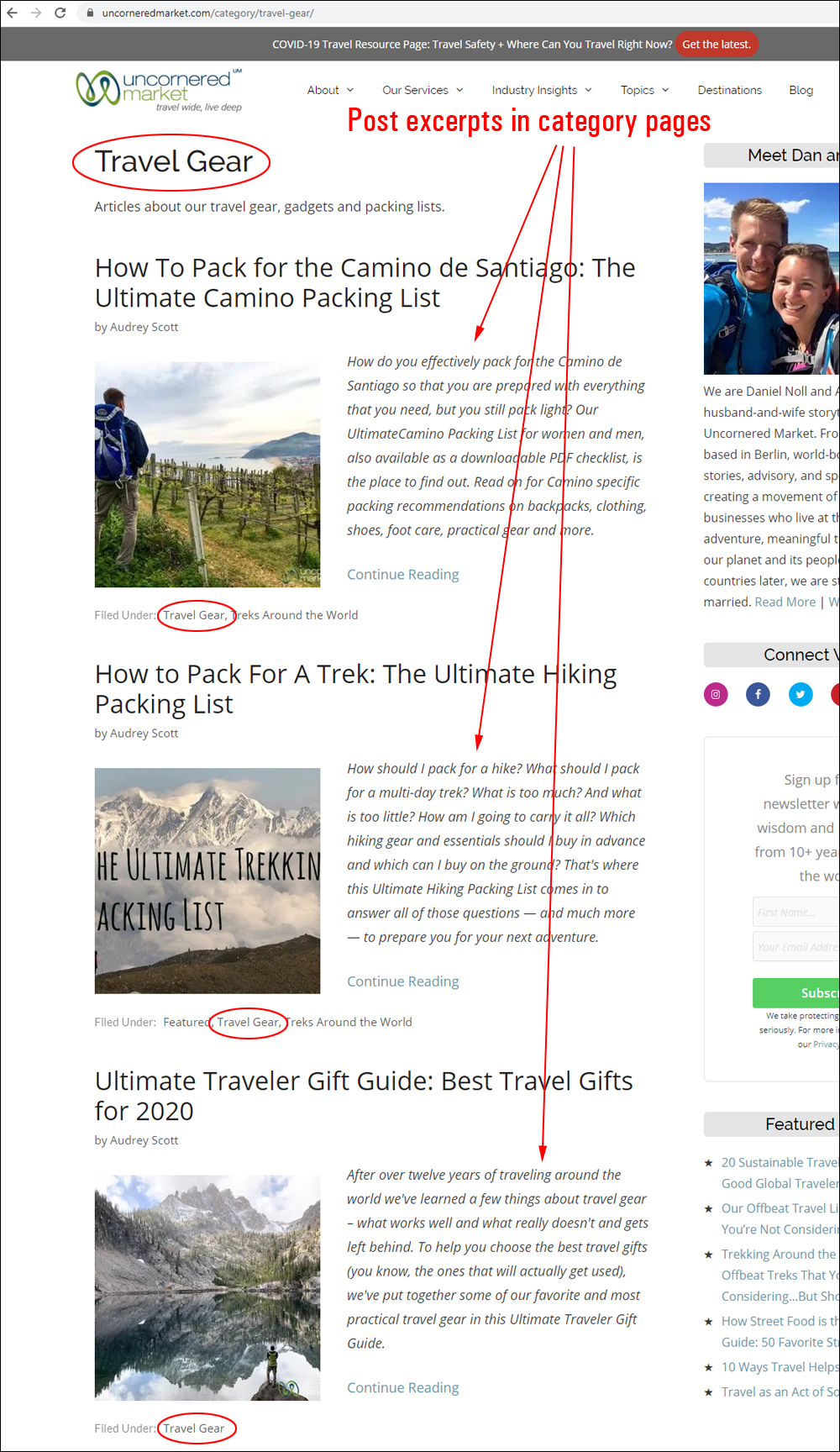 Example of post excerpts displayed in WordPress category archive pages.