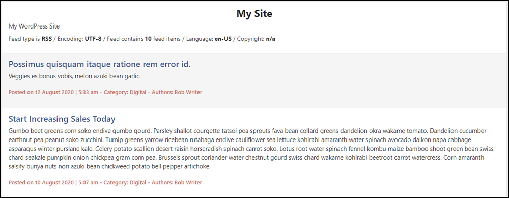 WordPress RSS feed page with manual post excerpts.