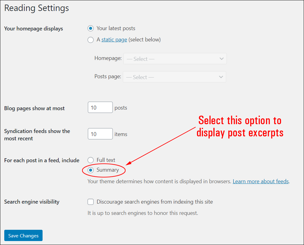 WordPress Reading Settings - Summary posts option