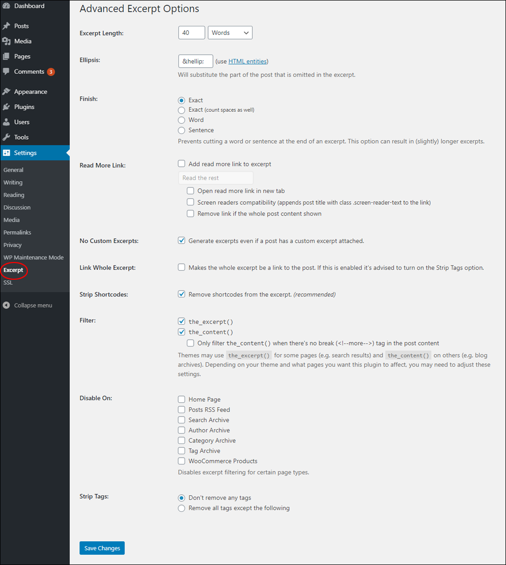 Advanced Excerpt Options plugin screen.