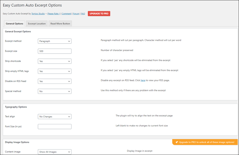 Easy Custom Auto Excerpt Options screen.