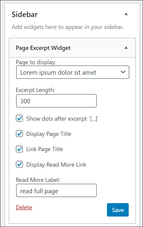 Page Excerpt Widget settings.