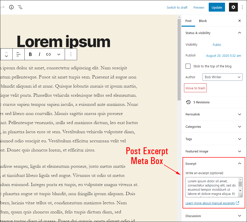 Post Excerpt meta box in WordPress block editor.