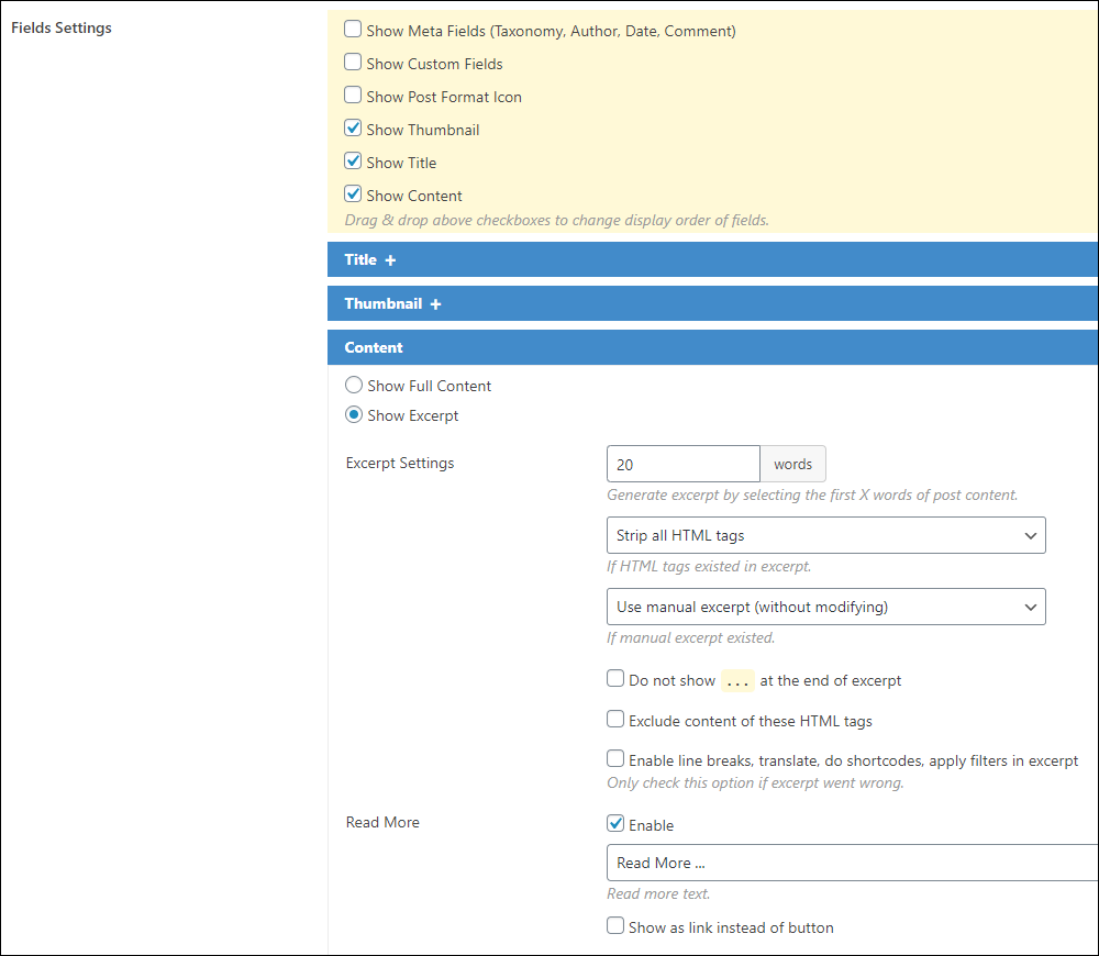 Content Views plugin: Display Settings - Post Excerpt options.