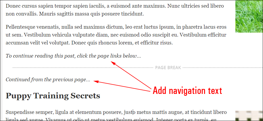 Adding navigation text to split pages.