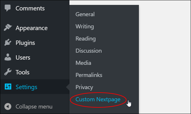 WordPress Settings menu - Custom Nextpage.